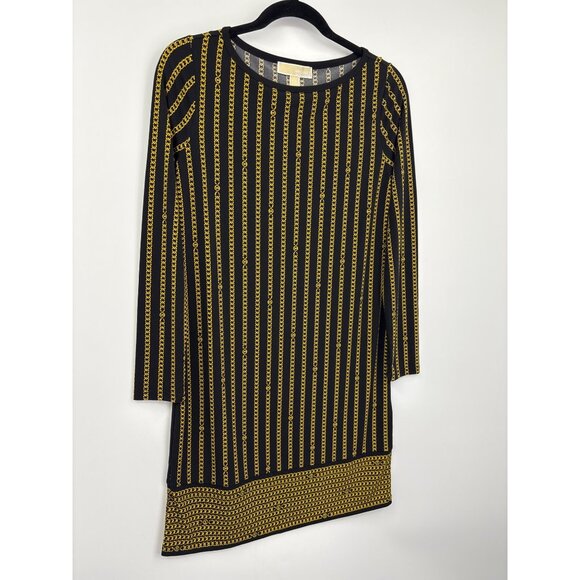 Michael Kors Chain Print Stretch Long Sleeve Dress Black Gold Petite Small - Picture 2 of 6